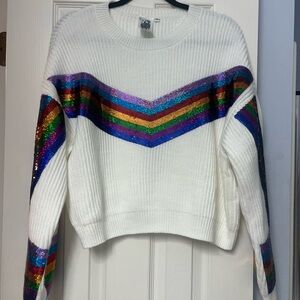 Queen of Sparkles White Sweater with Rainbow Sequins